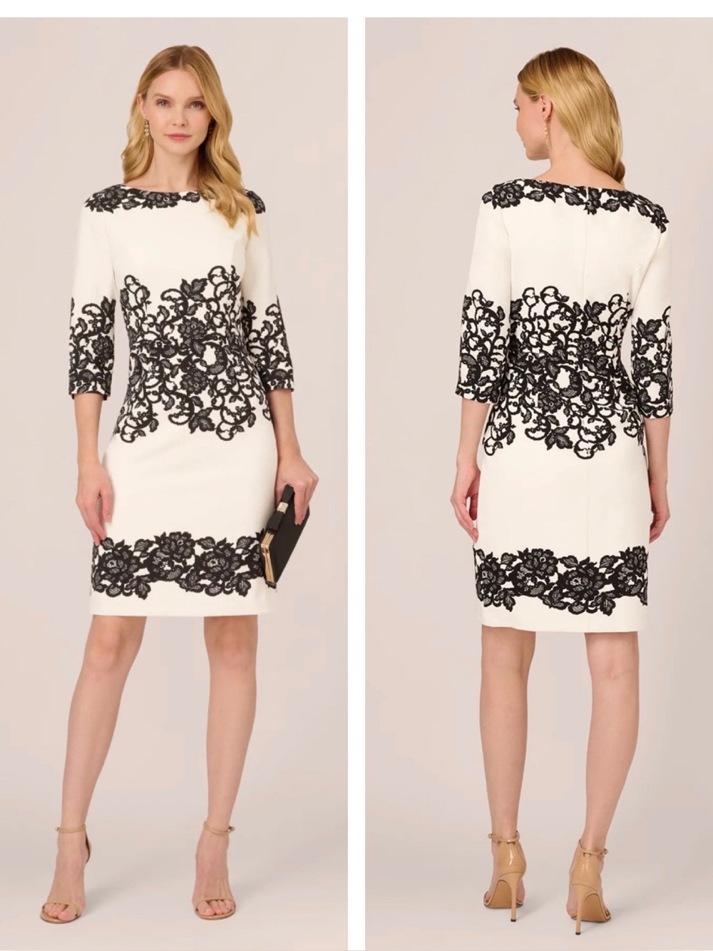 Adrianna Papell White Dress with Scroll Black Lace